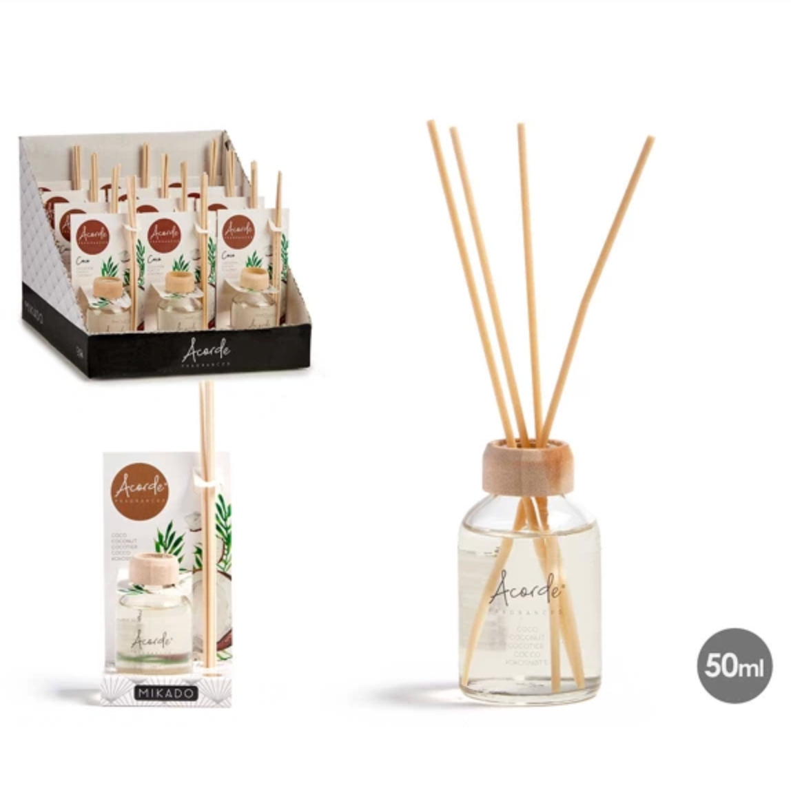 Mikado Kokosnuss-Stick inkl. Glas + Rattanpalme + Holz + Parfüm + Kunststoff | 50ml